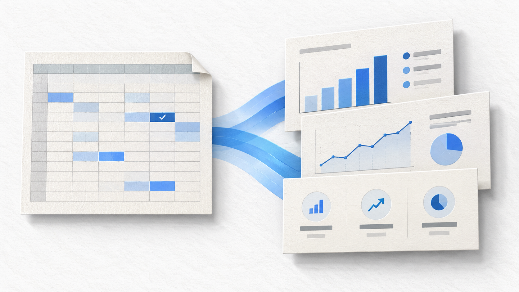 Editorial illustration of spreadsheet data becoming a checked presentation report